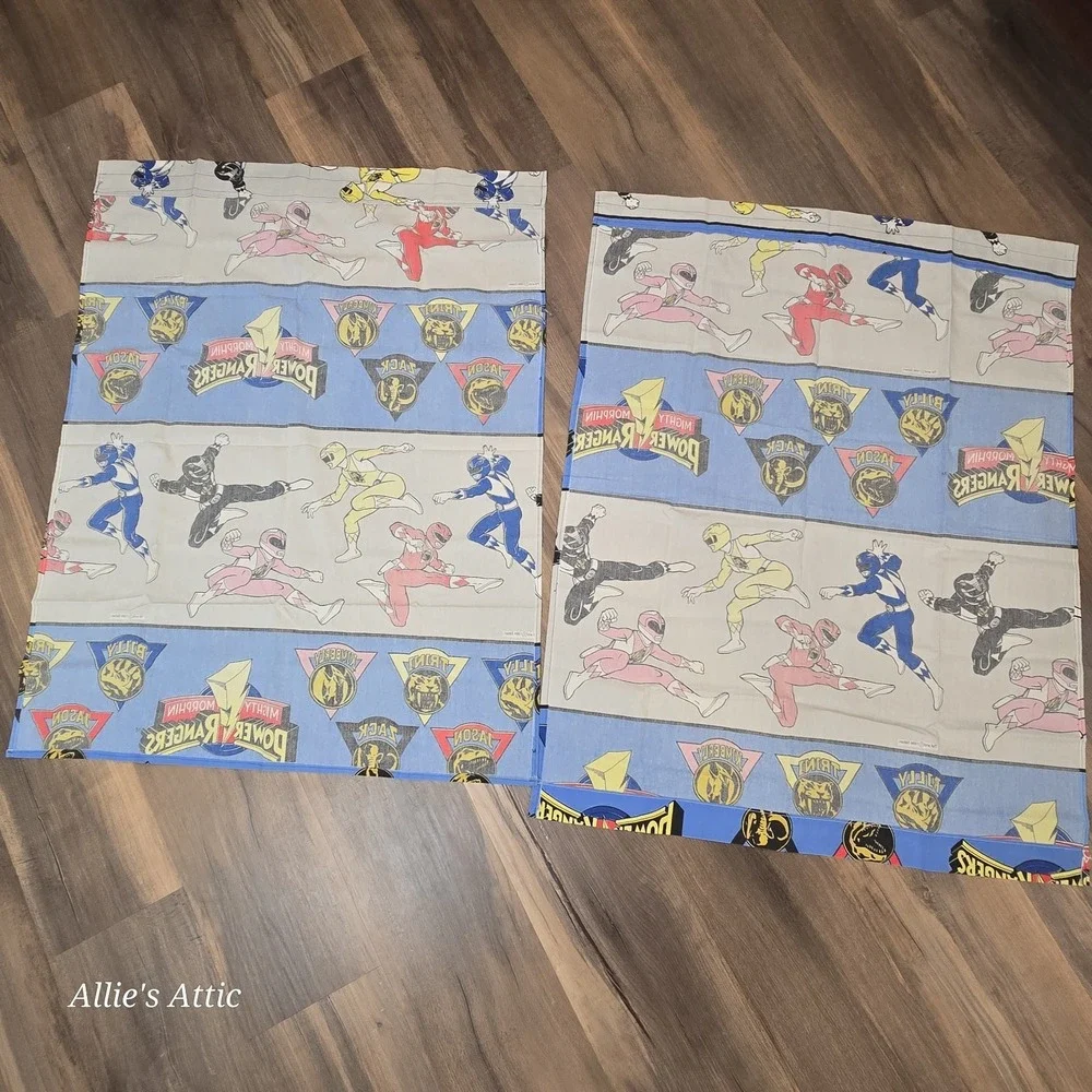 2 Power Rangers Curtains 1995 Blue Panels Boys Girls Vintage Room Decor 42x33